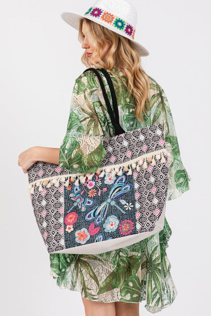 Romina Boho Dragonfly Print Tassel Tote Bag