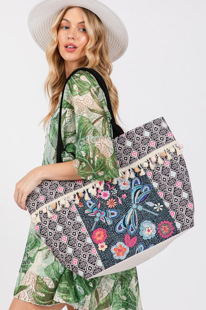 Romina Boho Dragonfly Print Tassel Tote Bag