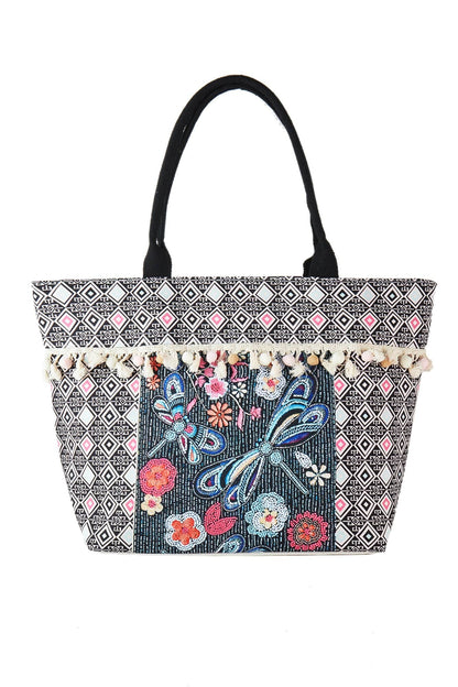 Romina Boho Dragonfly Print Tassel Tote Bag