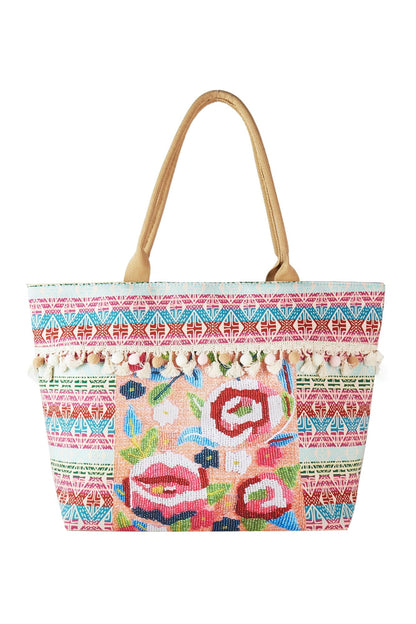 Violeta Boho Rose Print Tassel Tote Bag