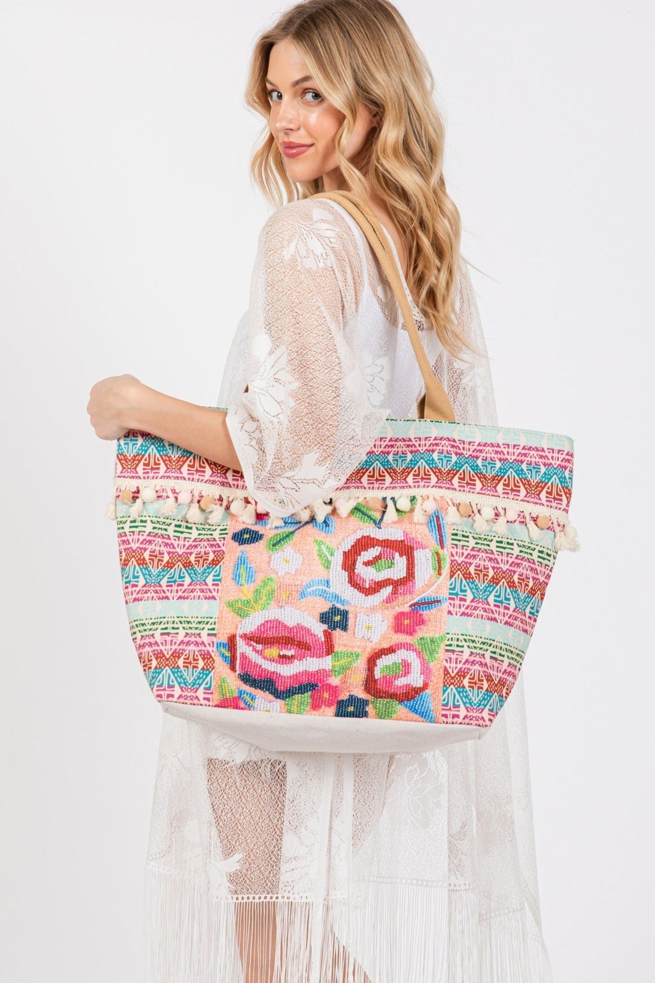 Violeta Boho Rose Print Tassel Tote Bag