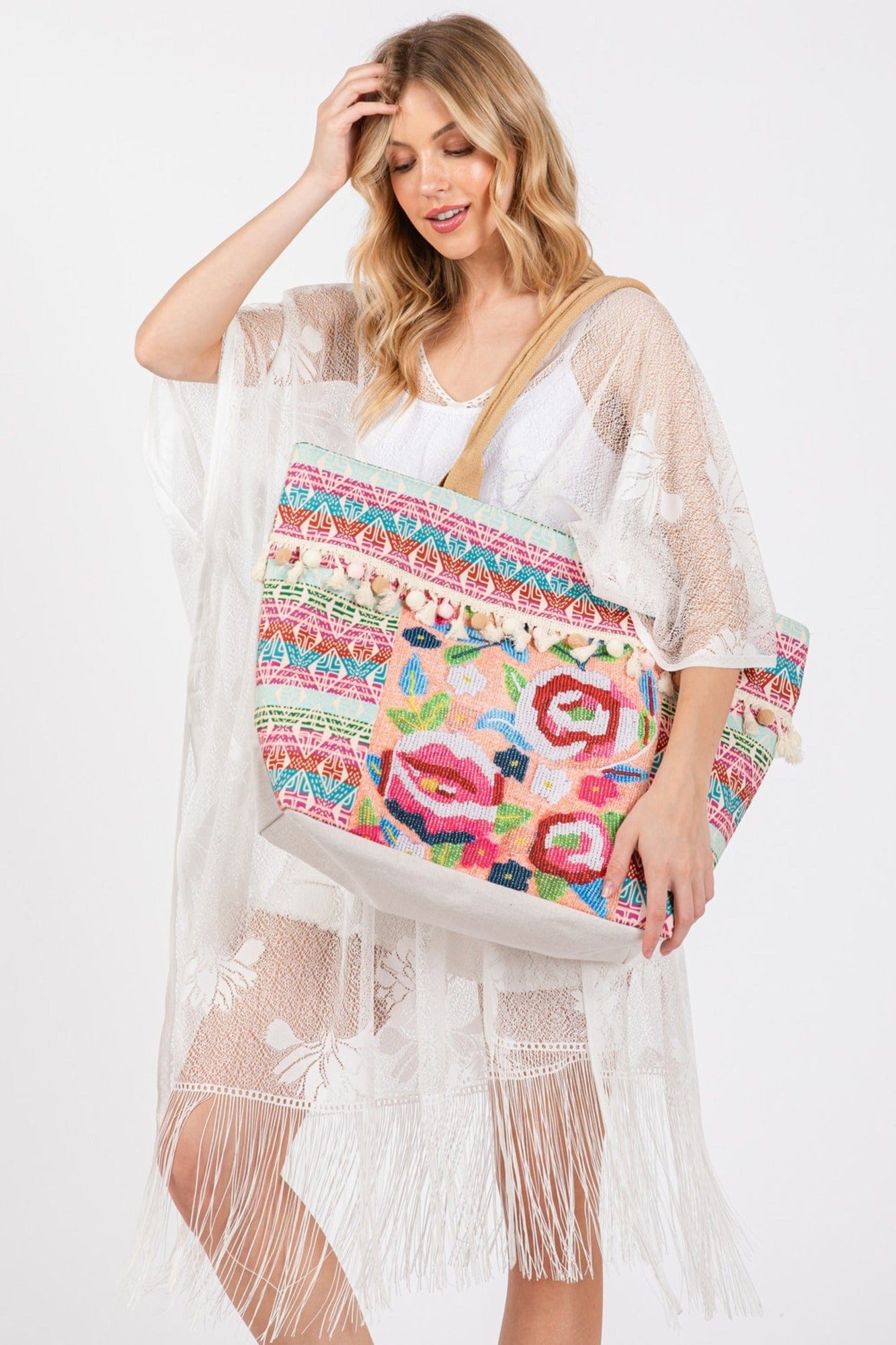 Violeta Boho Rose Print Tassel Tote Bag