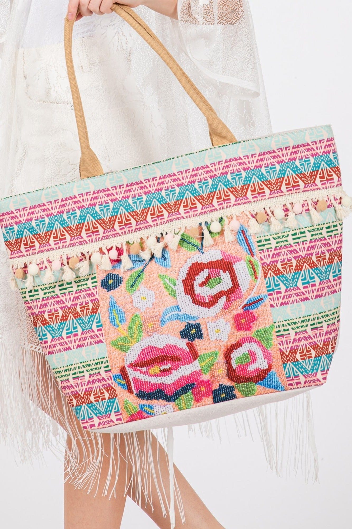 Violeta Boho Rose Print Tassel Tote Bag