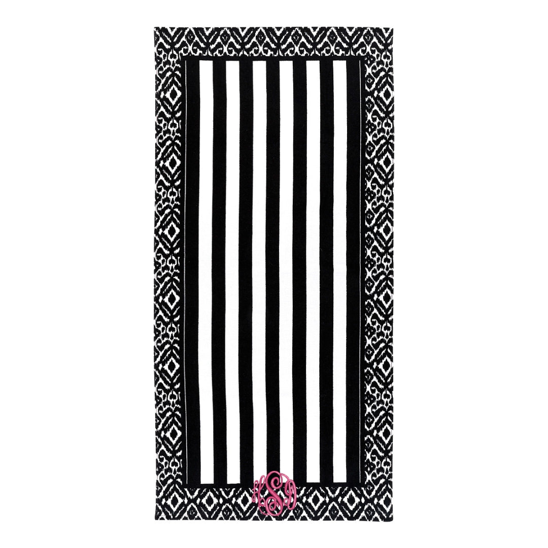 Personalized Black White Ikat Stripe Beach Towel