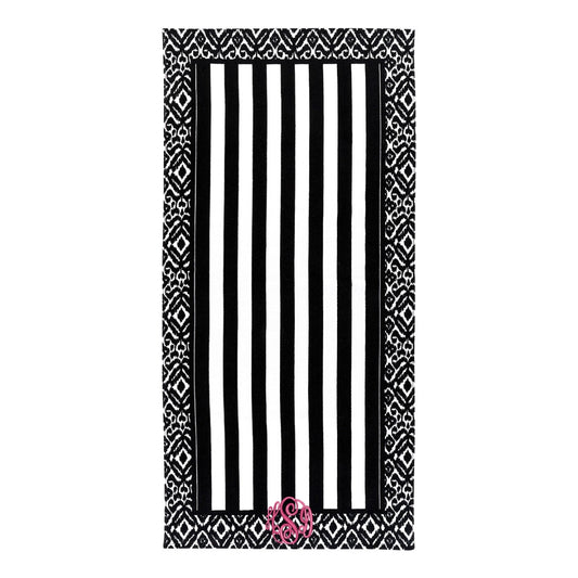 Personalized Black White Ikat Stripe Beach Towel