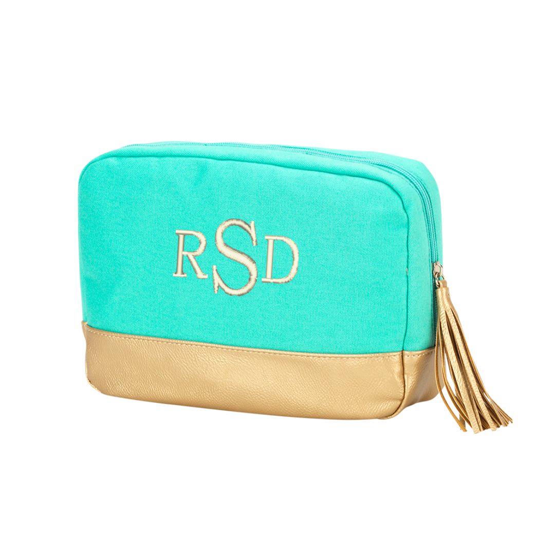 Personalized Mint Cosmetic Bag with Gold Metallic Trim