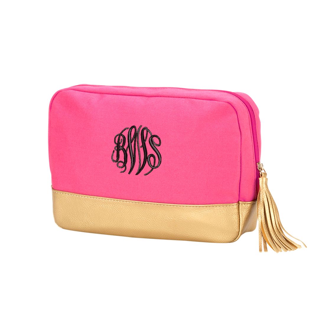 Personalized Hot Pink Cosmetic Bag with Gold Metallic Trim