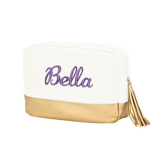 Personalized Creme Cosmetic Bag with Gold Metallic Trim