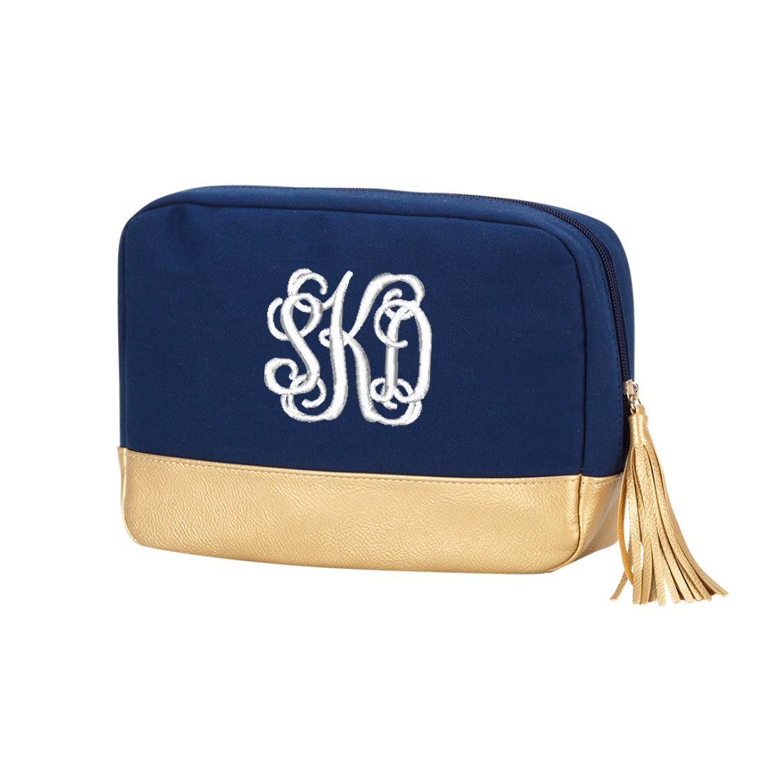 Personalized Navy Cosmetic Bag with Gold Metallic Trim