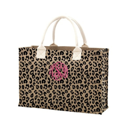 Personalized Leopard Burlap Tote Bag