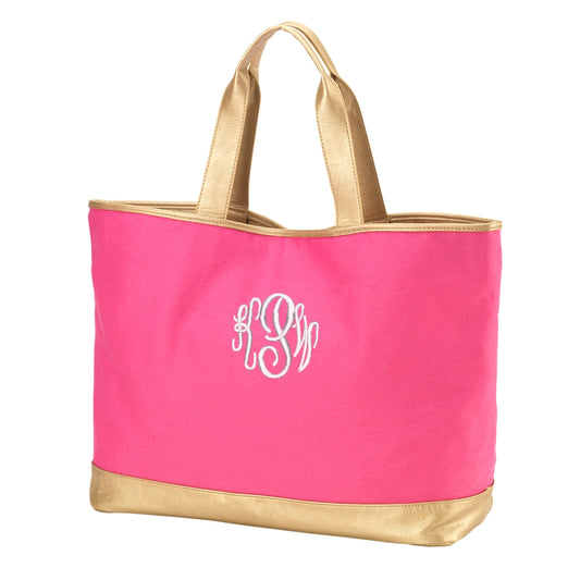 Personalized Hot Pink Tote Bag with Gold Metallic Trim