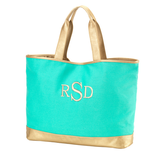 Personalized Mint Tote Bag with Gold Metallic Trim