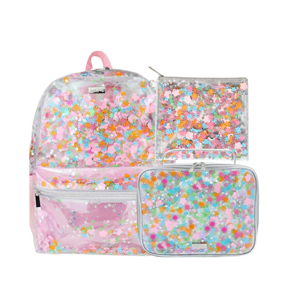 Pink Flower Glitter Confetti Backpack, Lunchbox & Pouch Matching Set