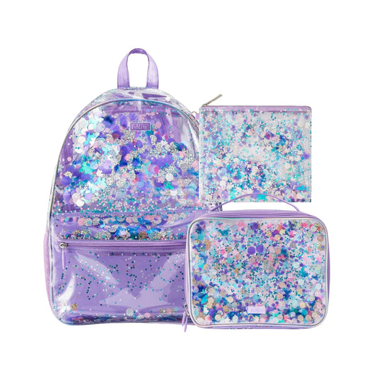 Purple Glitter Confetti Backpack, Lunchbox & Pouch Matching Set