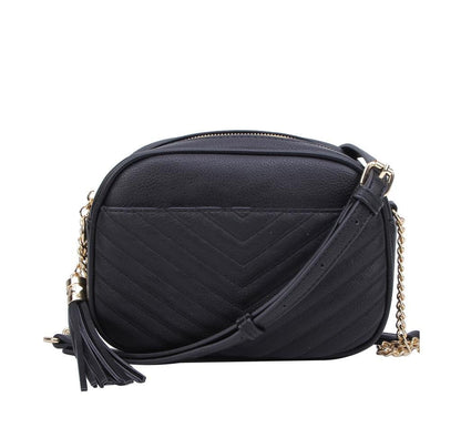 Veronica Double Zipper V Pattern Stitch Tassel Crossbody Bag