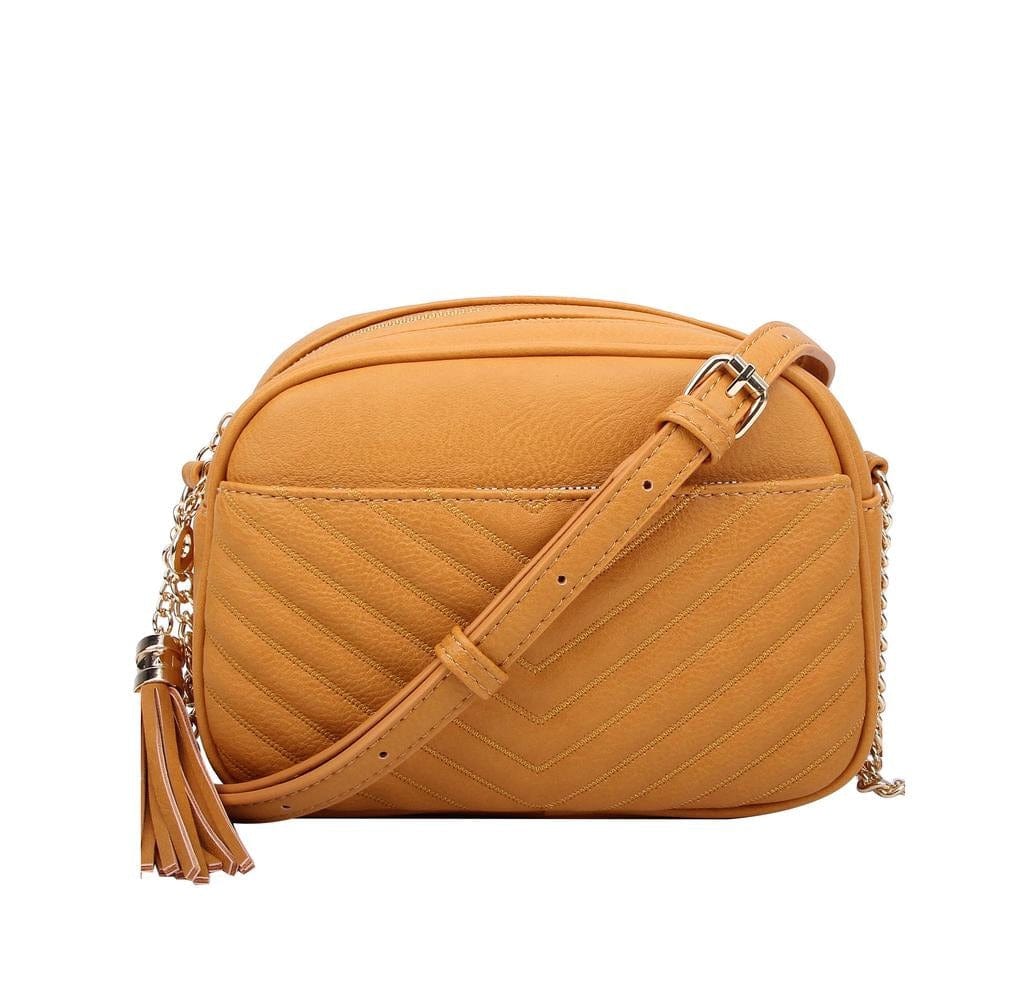 Veronica Double Zipper V Pattern Stitch Tassel Crossbody Bag