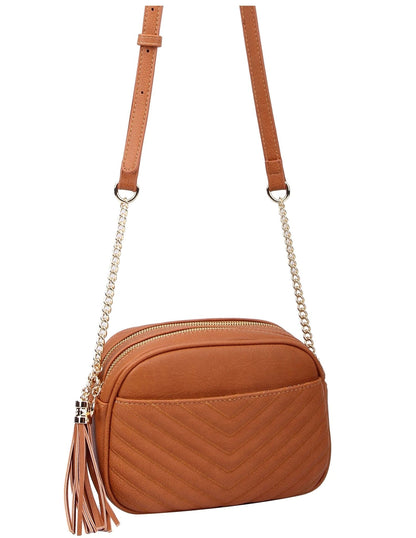 Veronica Double Zipper V Pattern Stitch Tassel Crossbody Bag