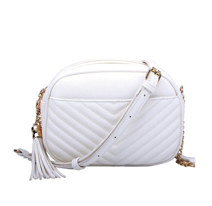 Veronica Double Zipper V Pattern Stitch Tassel Crossbody Bag