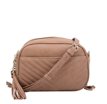 Veronica Double Zipper V Pattern Stitch Tassel Crossbody Bag