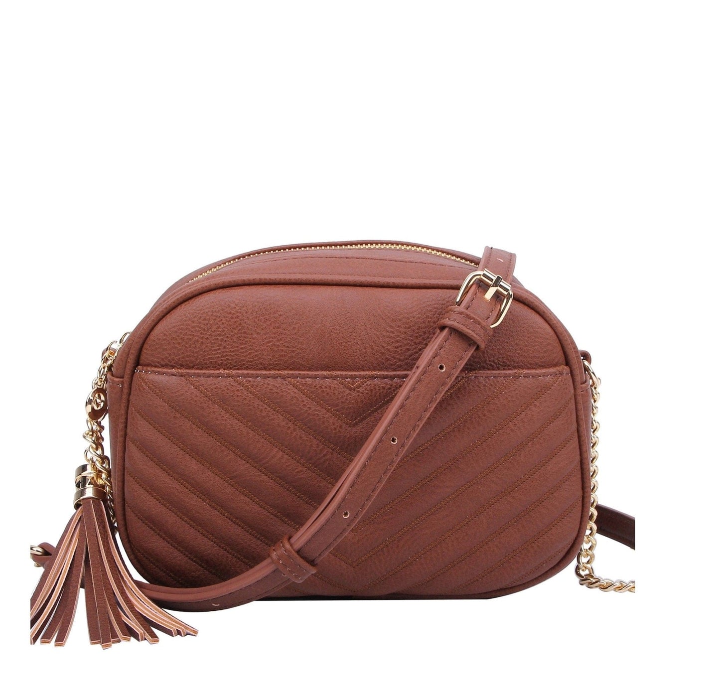 Veronica Double Zipper V Pattern Stitch Tassel Crossbody Bag