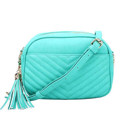 Veronica Double Zipper V Pattern Stitch Tassel Crossbody Bag