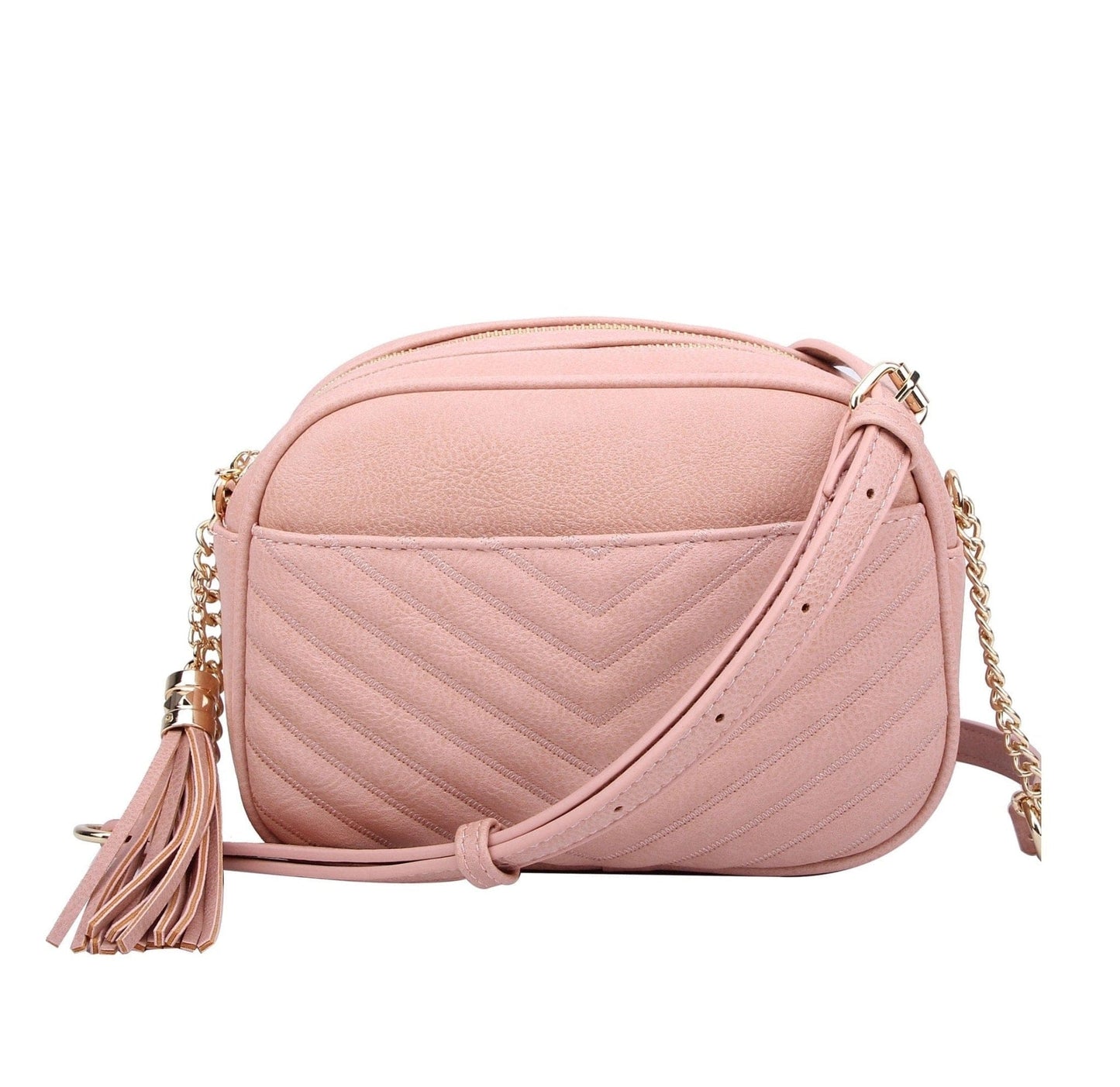 Veronica Double Zipper V Pattern Stitch Tassel Crossbody Bag