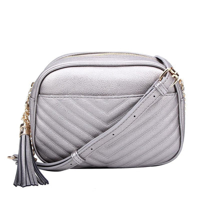 Veronica Double Zipper V Pattern Stitch Tassel Crossbody Bag