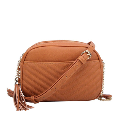 Veronica Double Zipper V Pattern Stitch Tassel Crossbody Bag