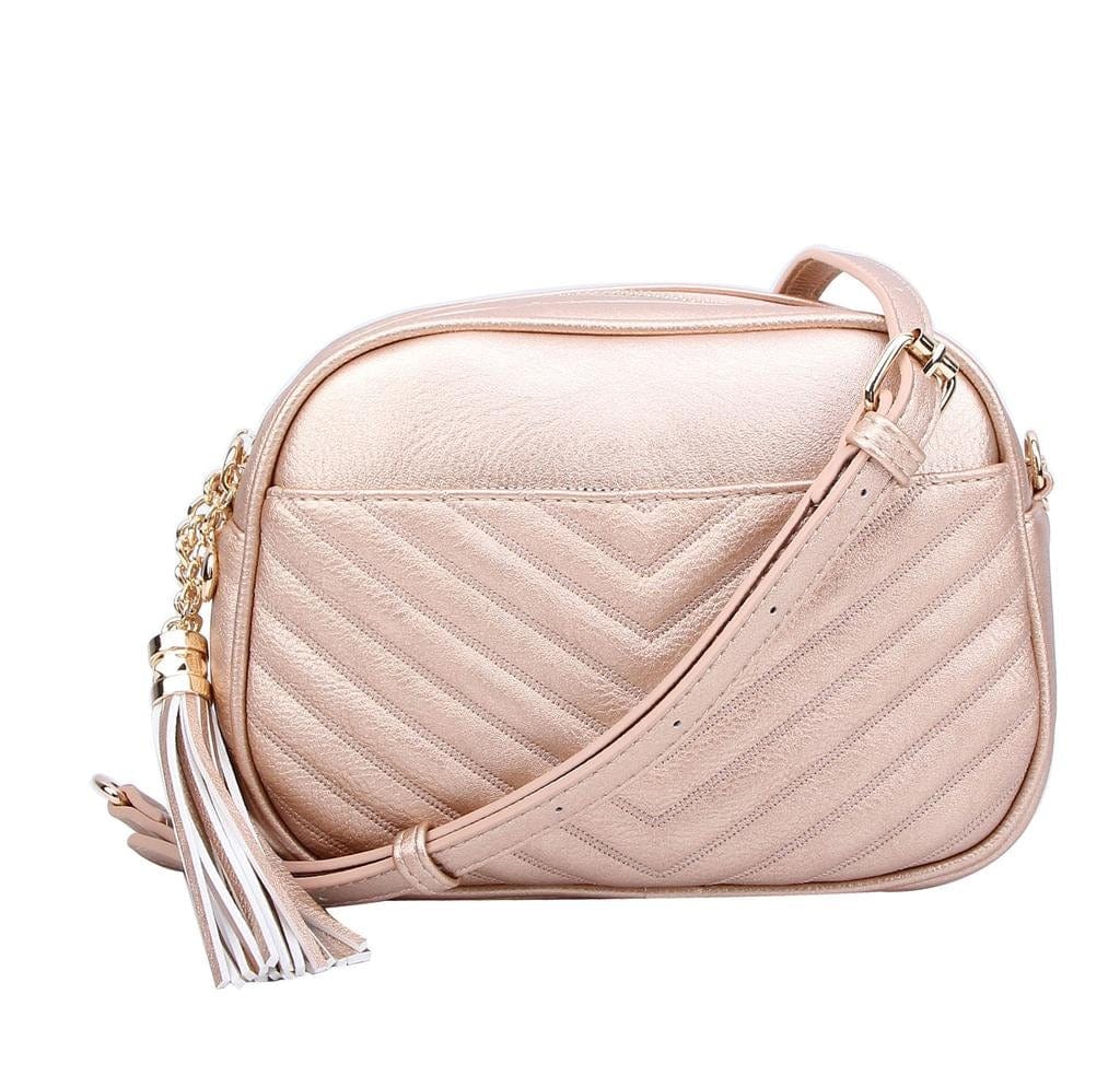 Veronica Double Zipper V Pattern Stitch Tassel Crossbody Bag