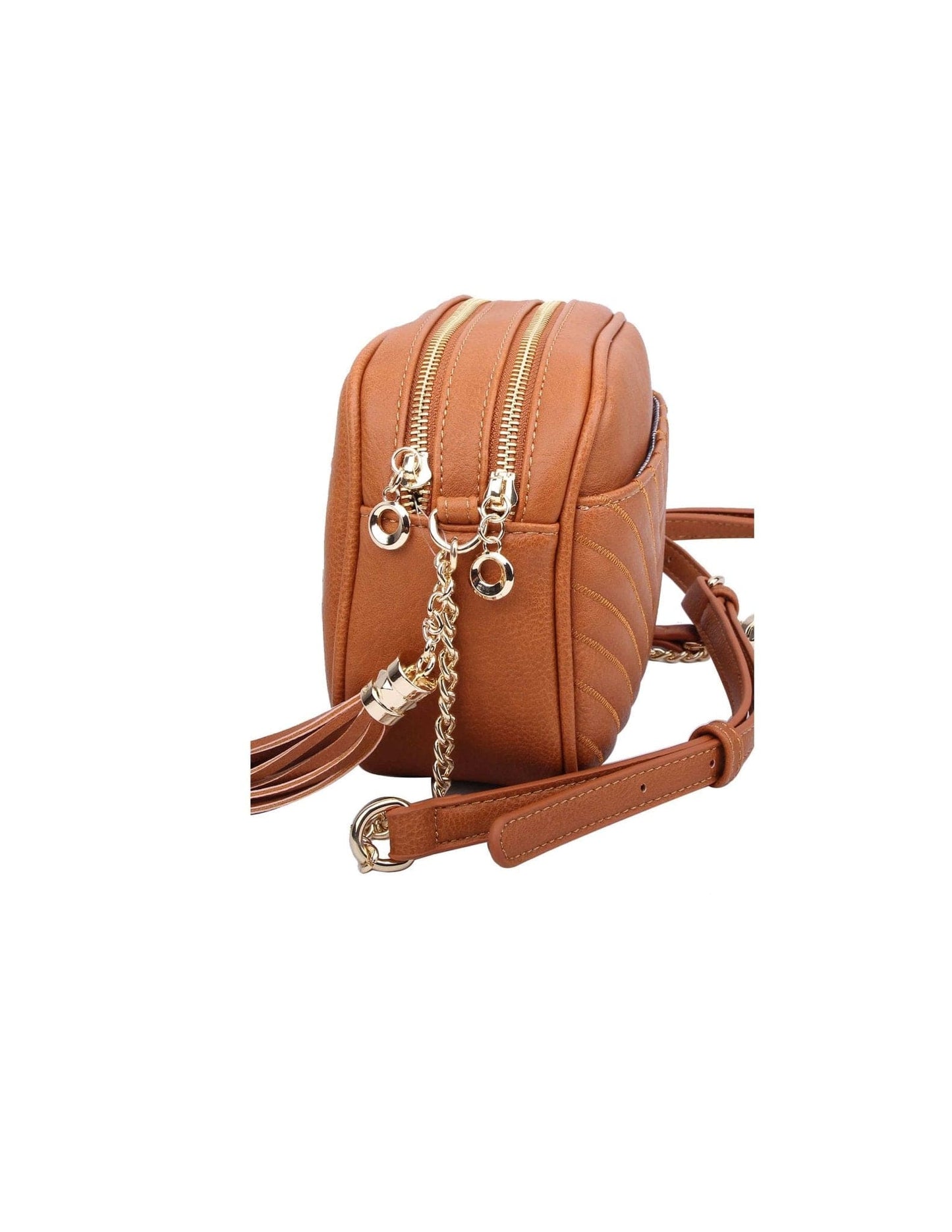 Veronica Double Zipper V Pattern Stitch Tassel Crossbody Bag