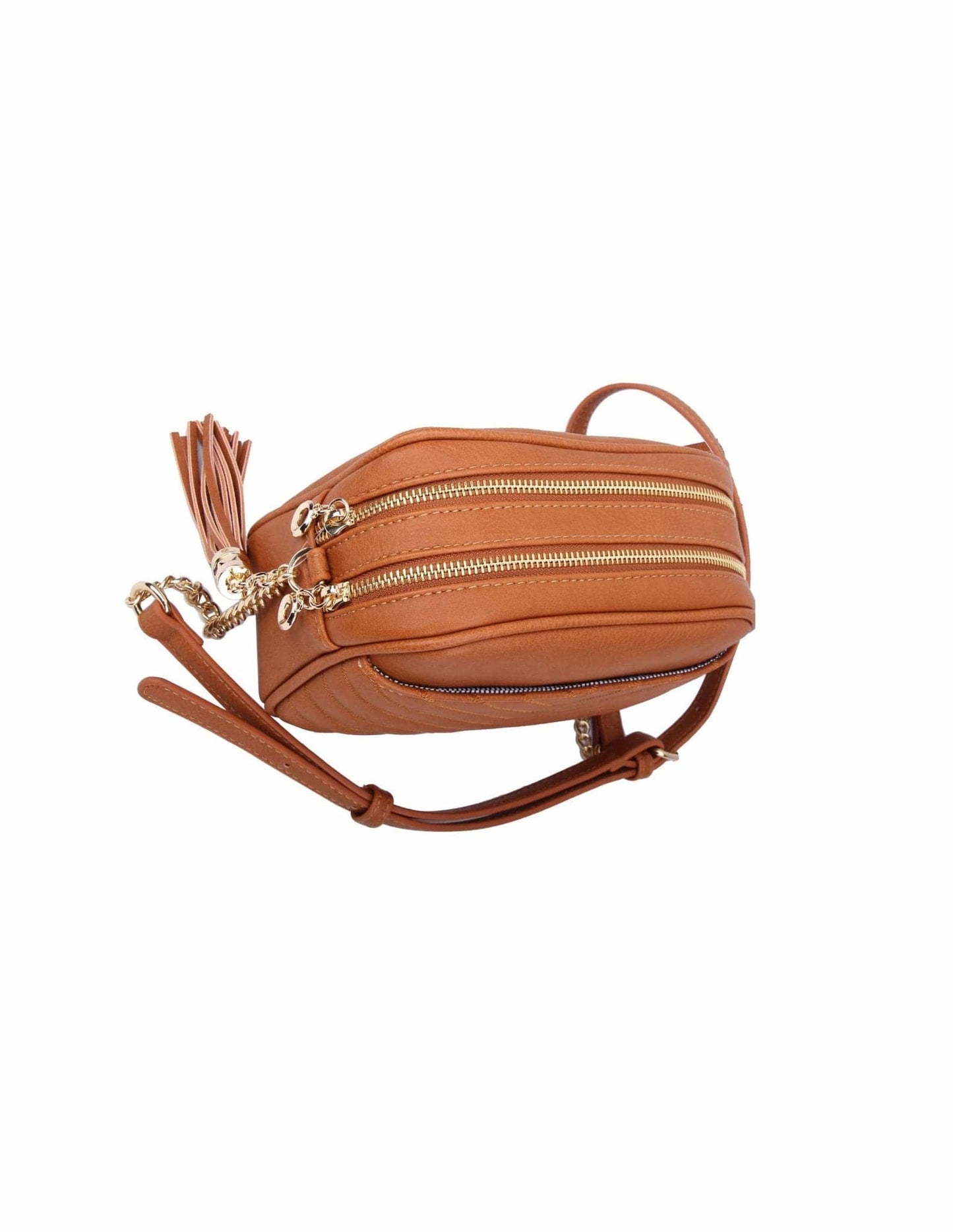 Veronica Double Zipper V Pattern Stitch Tassel Crossbody Bag